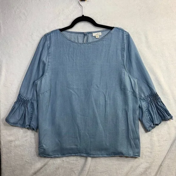 J Jill L Denim Bell Sleeve Chambray Top Lightweight Tencel Boho Minimalist - Picture 2 of 9